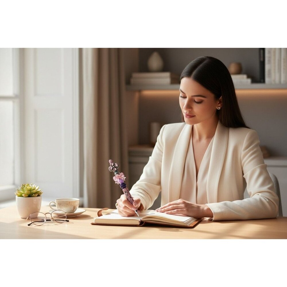 Crystal & Rhinestone Ballpoint Pen With Pink & Purple Floral Design Elegant Writ
